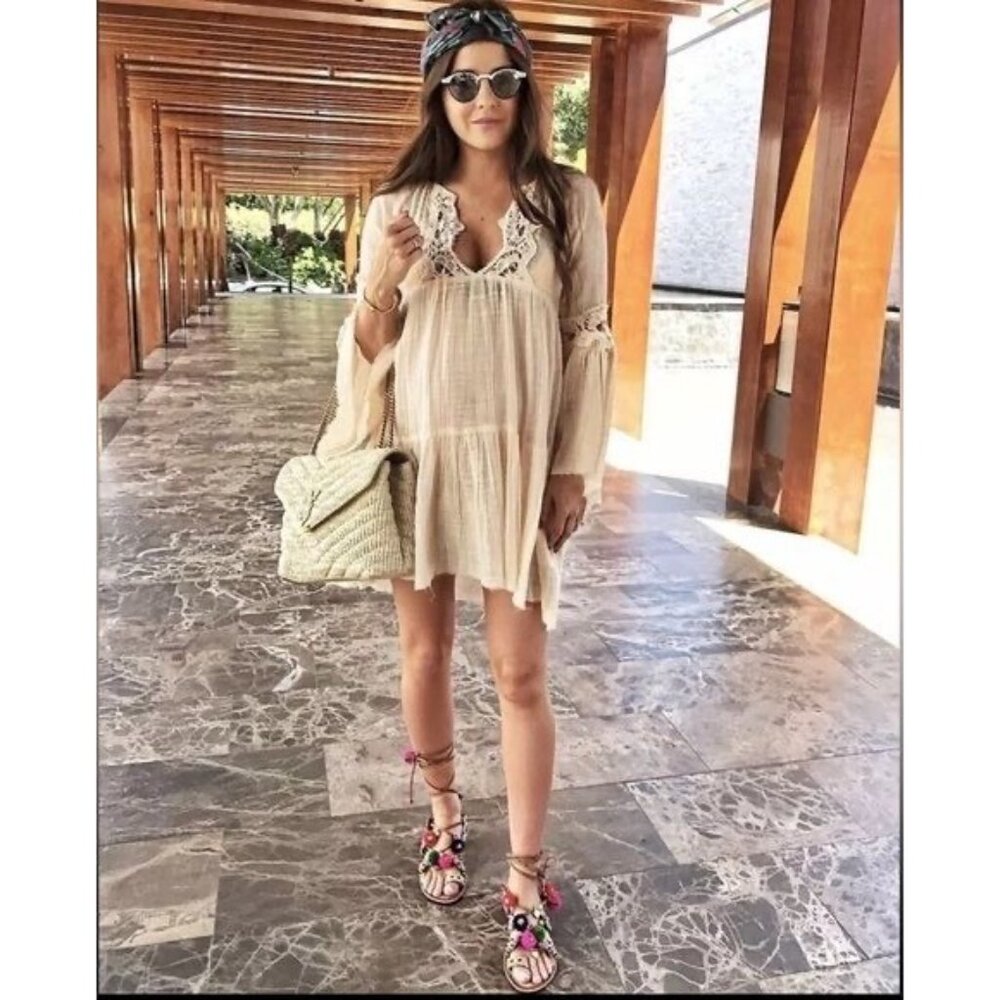 Free People x Free People One Gauzy Boho Cream Crochet Trim Mini Tent Dress - Picture 2 of 11